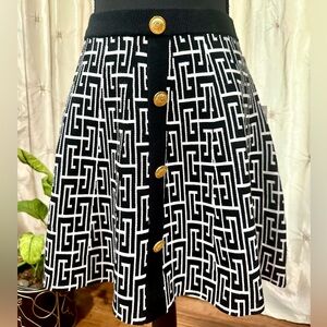 NWT- Black and White Pattern Knit A-Line Skirt with Gold Accent Buttons